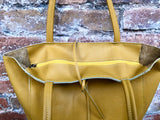 Mustard YELLOW tote leather bag. Soft natural GENUINE leather bag. Large yellow leather shopper with ZIPPER. Laptop or book bag in mustard.