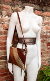 Leather bag and wrap belt set in metallic shine leather. Bronze, gold and brown crossbody or shoulder bag + obi waist belt. Disco 70s purse