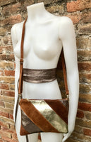 Leather bag and wrap belt set in metallic shine leather. Bronze, gold and brown crossbody or shoulder bag + obi waist belt. Disco 70s purse