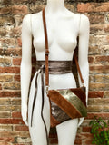 Leather bag and wrap belt set in metallic shine leather. Bronze, gold and brown crossbody or shoulder bag + obi waist belt. Disco 70s purse