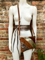 Leather bag and wrap belt set in metallic shine leather. Bronze, gold and brown crossbody or shoulder bag + obi waist belt. Disco 70s purse