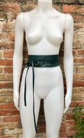 Obi belt in soft leather. Longer style. Wrap belt in TEAL blue - green. Wraparound waist belt in genuine leather. Boho belt, leather sash.