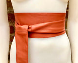 Orange obi belt. Wrap belt in soft genuine leather. Wraparound waist belt. Wide style. Boho dress belt in orange leather. Orange dress belt