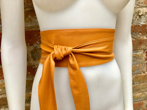 Light camel orange obi belt. Wrap belt in soft genuine leather. Wraparound waist belt. Wide style. Boho dress belt in light orange leather