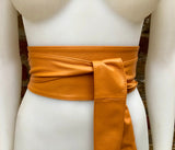 Light camel orange obi belt. Wrap belt in soft genuine leather. Wraparound waist belt. Wide style. Boho dress belt in light orange leather