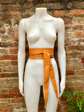 Light camel orange obi belt. Wrap belt in soft genuine leather. Wraparound waist belt. Wide style. Boho dress belt in light orange leather