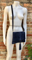 Cross body bag. BOHO suede leather bag in NAVY BLUE. Soft genuine suede leather. Blue purse, small messenger bag with flap and tassel