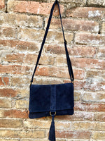 Cross body bag. BOHO suede leather bag in NAVY BLUE. Soft genuine suede leather. Blue purse, small messenger bag with flap and tassel