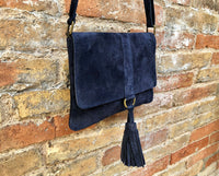 Cross body bag. BOHO suede leather bag in NAVY BLUE. Soft genuine suede leather. Blue purse, small messenger bag with flap and tassel