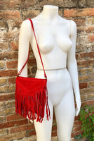 Cross body bag. BOHO suede leather bag in RED with fringes. Messenger bag in soft genuine suede leather. Dark red crossbody hippy bag