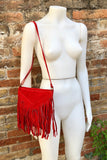 Cross body bag. BOHO suede leather bag in RED with fringes. Messenger bag in soft genuine suede leather. Dark red crossbody hippy bag