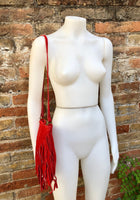 Cross body bag. BOHO suede leather bag in RED with fringes. Messenger bag in soft genuine suede leather. Dark red crossbody hippy bag