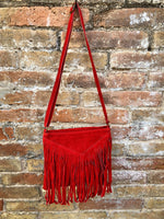 Cross body bag. BOHO suede leather bag in RED with fringes. Messenger bag in soft genuine suede leather. Dark red crossbody hippy bag