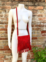 Cross body bag. BOHO suede leather bag in RED with fringes. Messenger bag in soft genuine suede leather. Dark red crossbody hippy bag