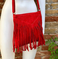 Cross body bag. BOHO suede leather bag in RED with fringes. Messenger bag in soft genuine suede leather. Dark red crossbody hippy bag