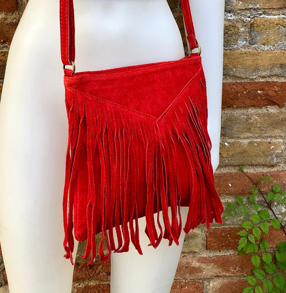 Cross body bag. BOHO suede leather bag in RED with fringes. Messenger bag in soft genuine suede leather. Dark red crossbody hippy bag