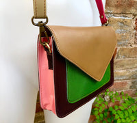 Small cross body bag in genuine leather. Enveloppe bag with adjustable strap + flap. Boho multicolor purse: green, brown, pink, burgundy,tan