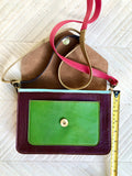 Small cross body bag in genuine leather. Enveloppe bag with adjustable strap + flap. Boho multicolor purse: green, brown, pink, burgundy,tan