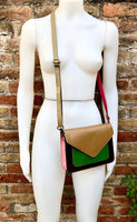 Small cross body bag in genuine leather. Enveloppe bag with adjustable strap + flap. Boho multicolor purse: green, brown, pink, burgundy,tan