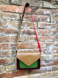 Small cross body bag in genuine leather. Enveloppe bag with adjustable strap + flap. Boho multicolor purse: green, brown, pink, burgundy,tan