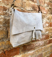 Light GRAY cross body / shoulder bag. Soft genuine suede leather boho bag. Messenger bag in grey suede. Small gray suede purse. Grey suede