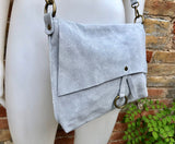 Light GRAY cross body / shoulder bag. Soft genuine suede leather boho bag. Messenger bag in grey suede. Small gray suede purse. Grey suede