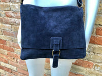 Navy blue suede messenger leather bag. Cross body / shoulder bag. Soft genuine leather messenger bag. Navy blue purse with zipper + flap.