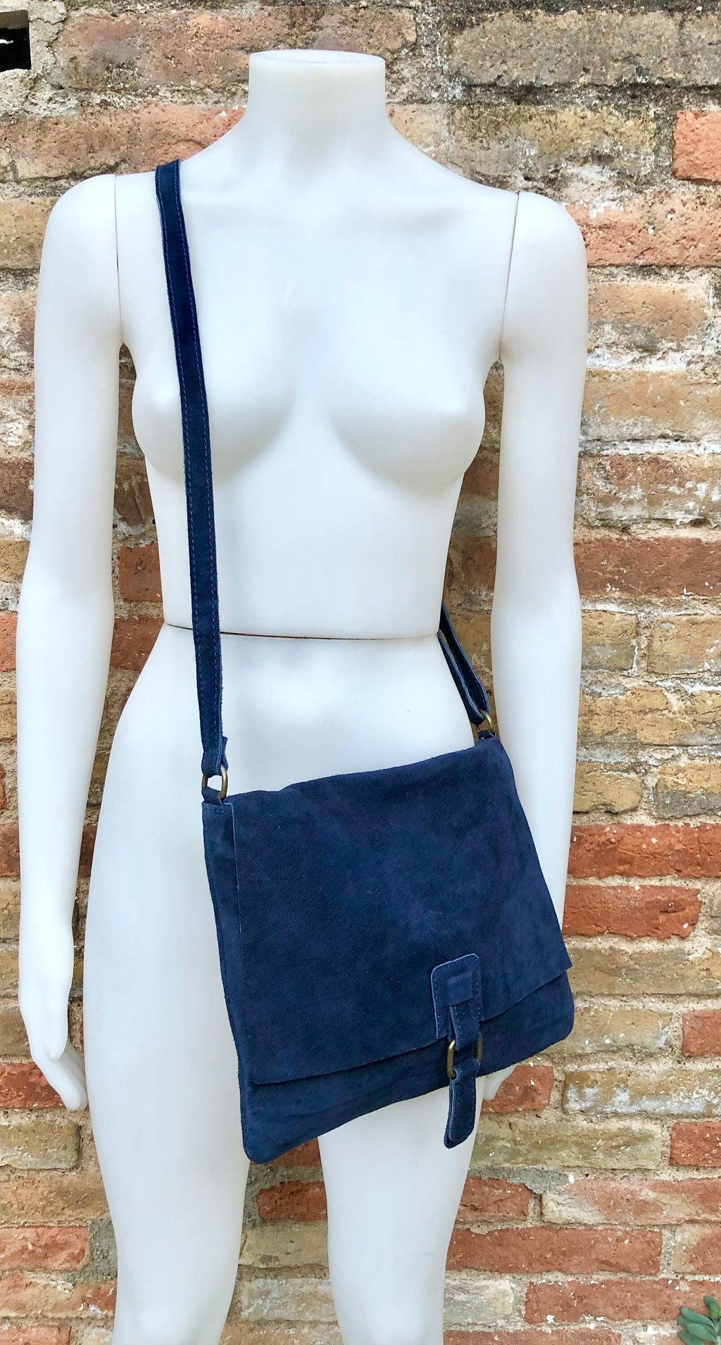 SECONDS. Navy blue + burgundy suede messenger leather bags. 2 cross body / shoulder bags. Soft genuine leather purses with zipper + flap.
