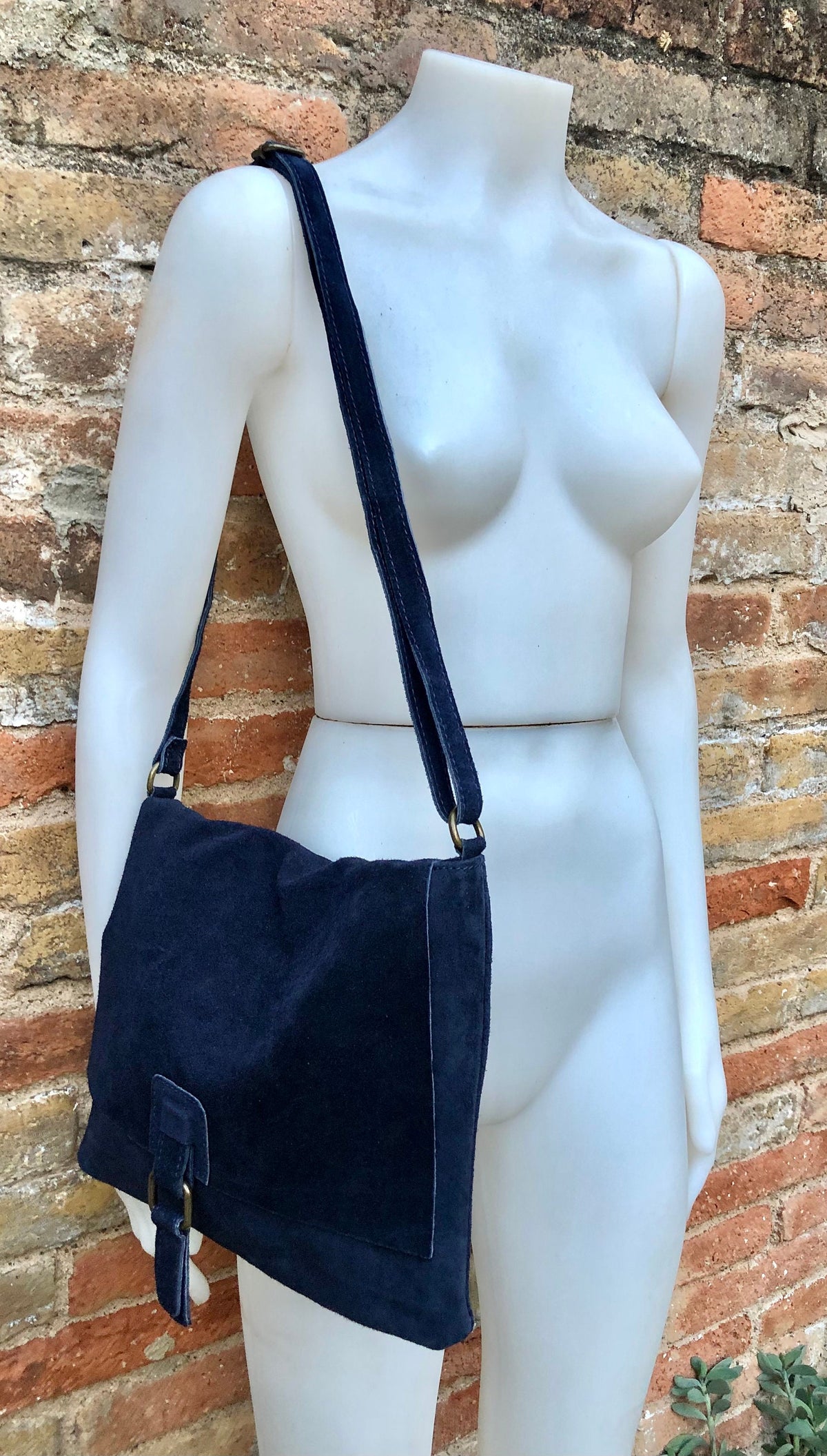 SECONDS. Navy blue + burgundy suede messenger leather bags. 2 cross body / shoulder bags. Soft genuine leather purses with zipper + flap.