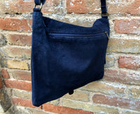 Navy blue suede messenger leather bag. Cross body / shoulder bag. Soft genuine leather messenger bag. Navy blue purse with zipper + flap.