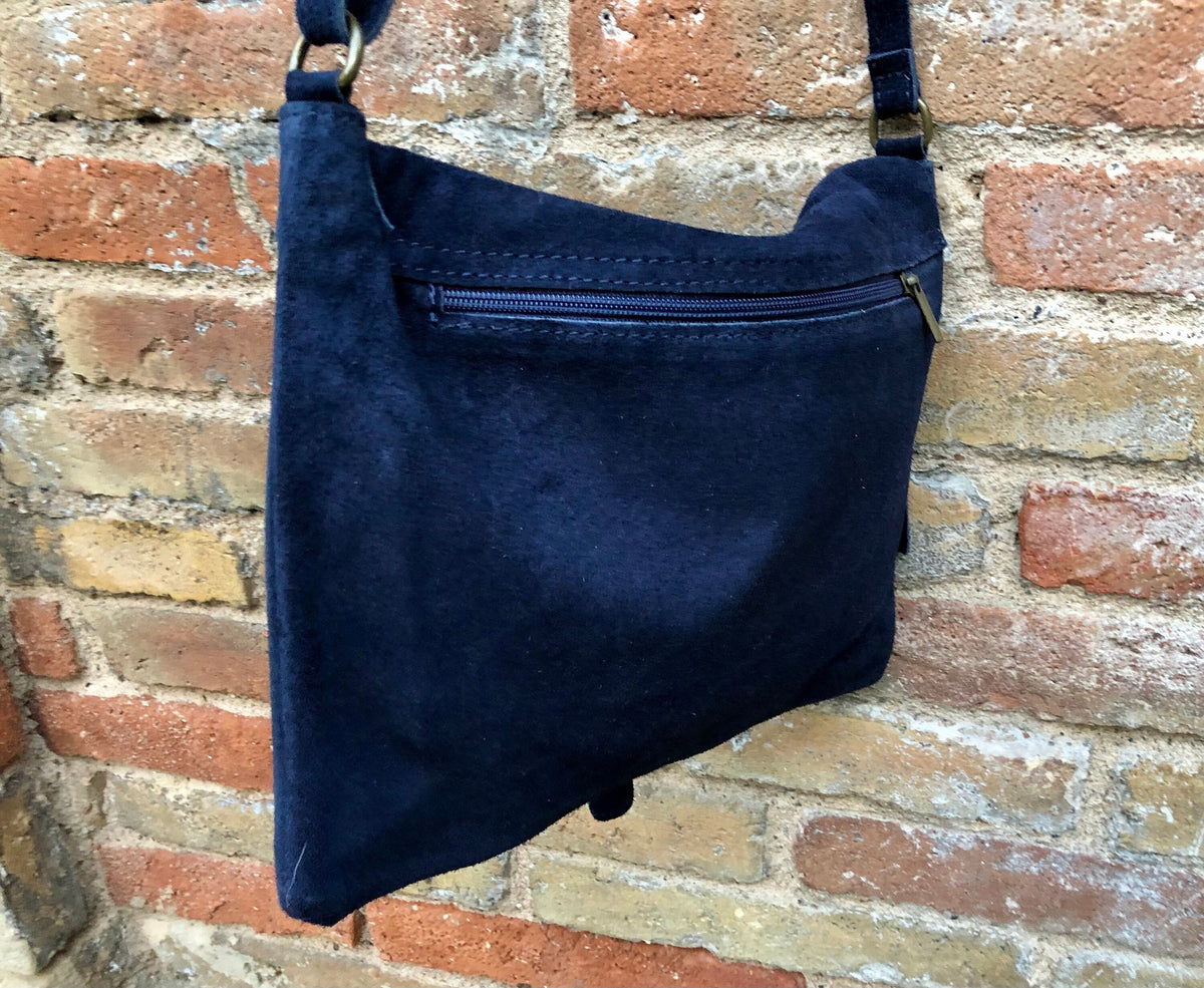 SECONDS. Navy blue + burgundy suede messenger leather bags. 2 cross body / shoulder bags. Soft genuine leather purses with zipper + flap.