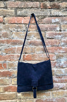 Navy blue suede messenger leather bag. Cross body / shoulder bag. Soft genuine leather messenger bag. Navy blue purse with zipper + flap.