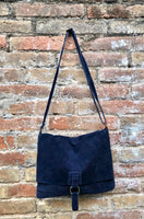 Navy blue suede messenger leather bag. Cross body / shoulder bag. Soft genuine leather messenger bag. Navy blue purse with zipper + flap.