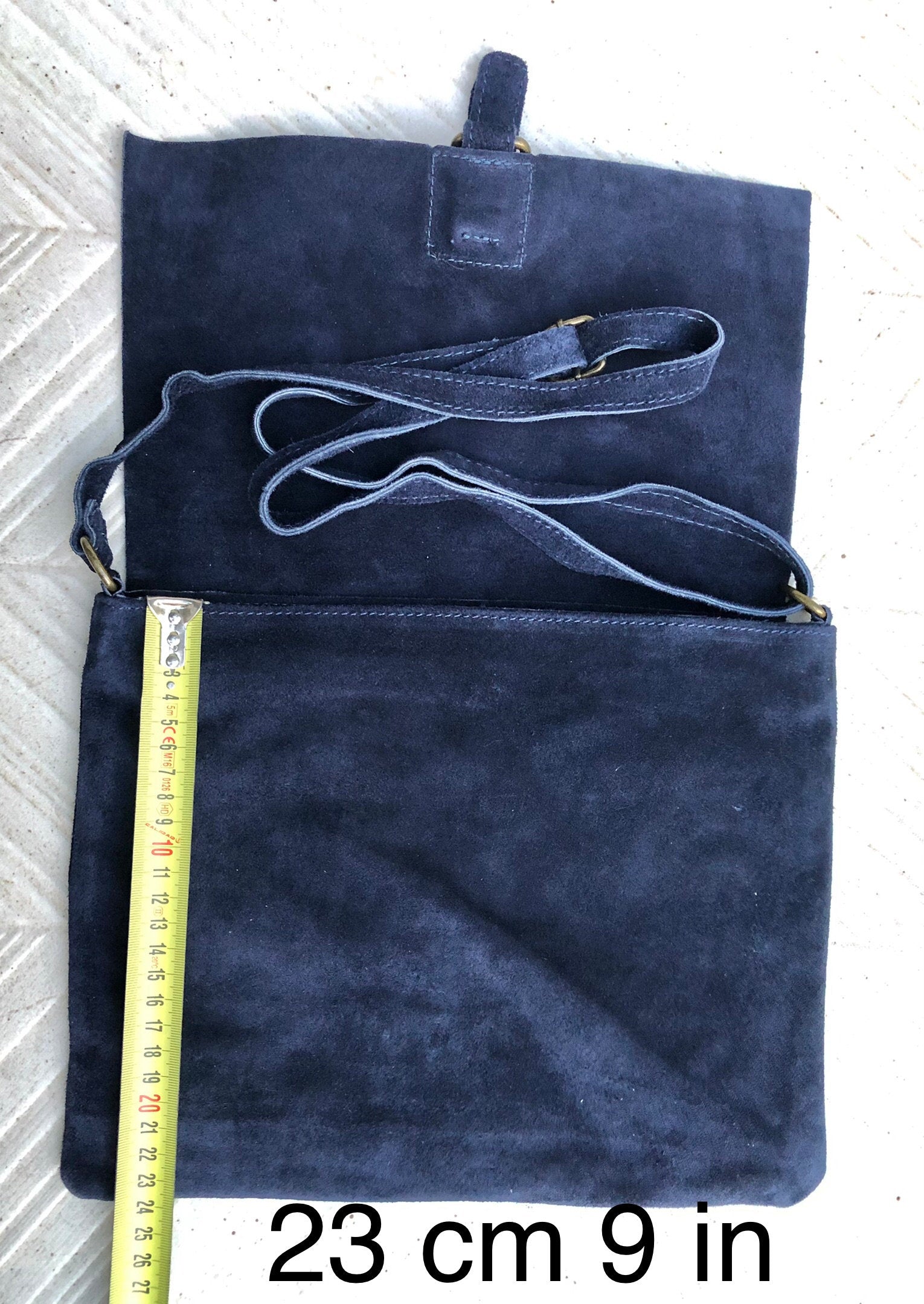 Navy blue suede leather messenger bag. Dark blue cross body / shoulder bag. Distressed leather messenger bag. Navy purse with zipper + flap.