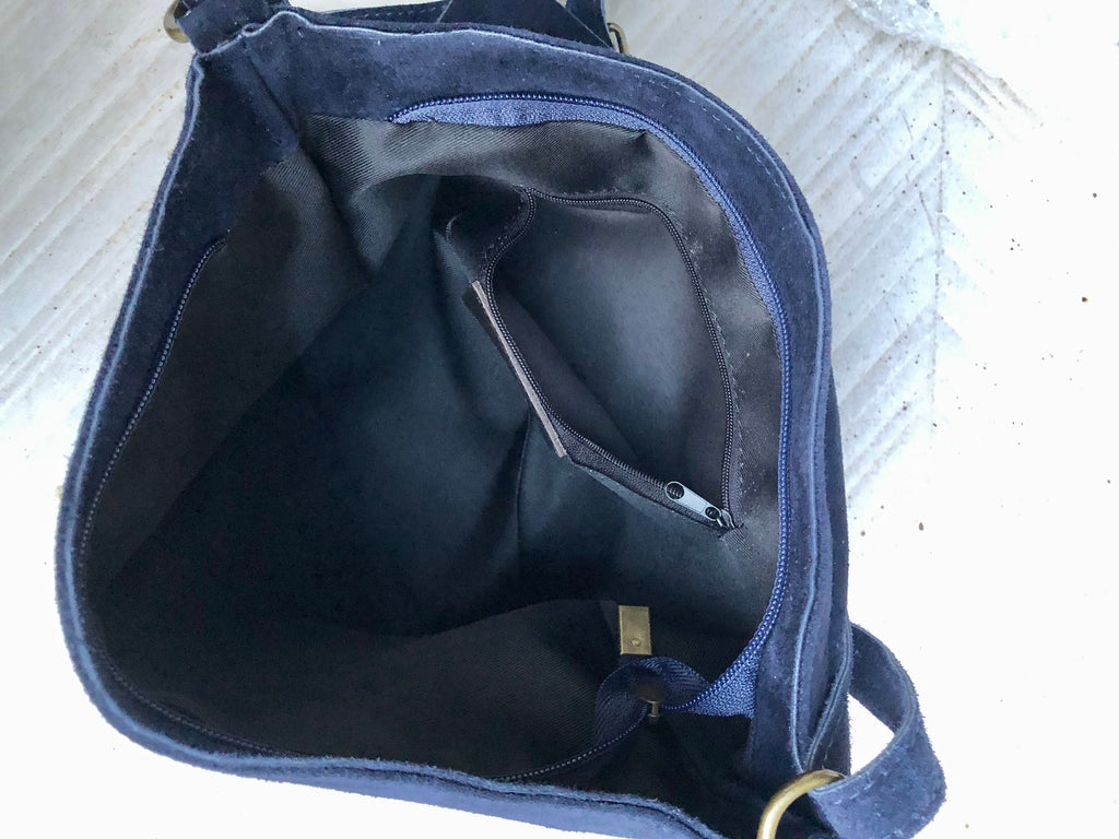 Navy blue suede leather messenger bag. Dark blue cross body / shoulder bag. Distressed leather messenger bag. Navy purse with zipper + flap.
