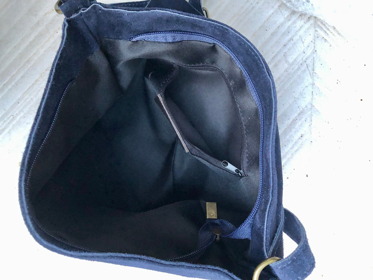 Navy blue suede leather messenger bag. Dark blue cross body / shoulder bag. Distressed leather messenger bag. Navy purse with zipper + flap.