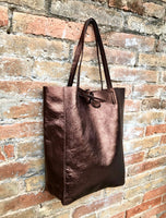 BROWN tote leather bag. Metallic effect genuine leather shopper. Large carry all bag for your laptop, books. Dark brown soft leather purse.