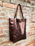 BROWN tote leather bag. Metallic effect genuine leather shopper. Large carry all bag for your laptop, books. Dark brown soft leather purse.