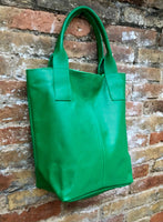 Bright GREEN tote leather bag. Genuine leather shopper. Large carry all bag for your laptop / books. GREEN leather shoulder bag. Green purse