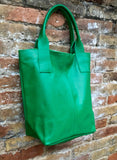 Bright GREEN tote leather bag. Genuine leather shopper. Large carry all bag for your laptop / books. GREEN leather shoulder bag. Green purse