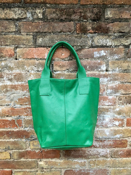 Bright GREEN tote leather bag. Genuine leather shopper. Large carry all bag for your laptop / books. GREEN leather shoulder bag. Green purse