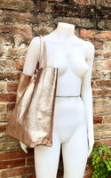 PINK GOLD tote leather bag. Genuine leather shopper. Large carry all bag for your laptop / books. Metallic pink leather purse. Rose gold bag