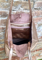 PINK GOLD tote leather bag. Genuine leather shopper. Large carry all bag for your laptop / books. Metallic pink leather purse. Rose gold bag