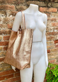 PINK GOLD tote leather bag. Genuine leather shopper. Large carry all bag for your laptop / books. Metallic pink leather purse. Rose gold bag