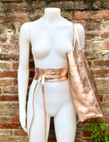 GOLDEN PINK leather tote bag + wrap belt. GENUINE leather bag + belt set. Leather shopper bag. Metallic shine leather pink purse + waistbelt