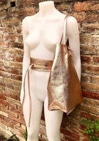 GOLDEN PINK leather tote bag + wrap belt. GENUINE leather bag + belt set. Leather shopper bag. Metallic shine leather pink purse + waistbelt