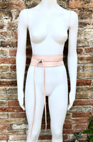 Wraparound belt in soft leather. Wrap belt in light peach PINK. Longer option. Genuine leather pink wrap belt. Boho pink dress belt