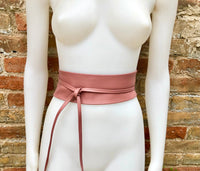 Wraparound belt in soft leather. Wrap belt in PINK. Longer option. Genuine leather pink wrap belt. Boho dress belt, pink leather sash