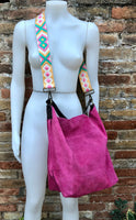 FUCHSIA Slouch leather bag, 2 straps: 1 leather + 1 guitar strap. Hot pink hobo bag. Soft genuine suede leather shopper. Book, tablet bag.