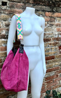 FUCHSIA Slouch leather bag, 2 straps: 1 leather + 1 guitar strap. Hot pink hobo bag. Soft genuine suede leather shopper. Book, tablet bag.